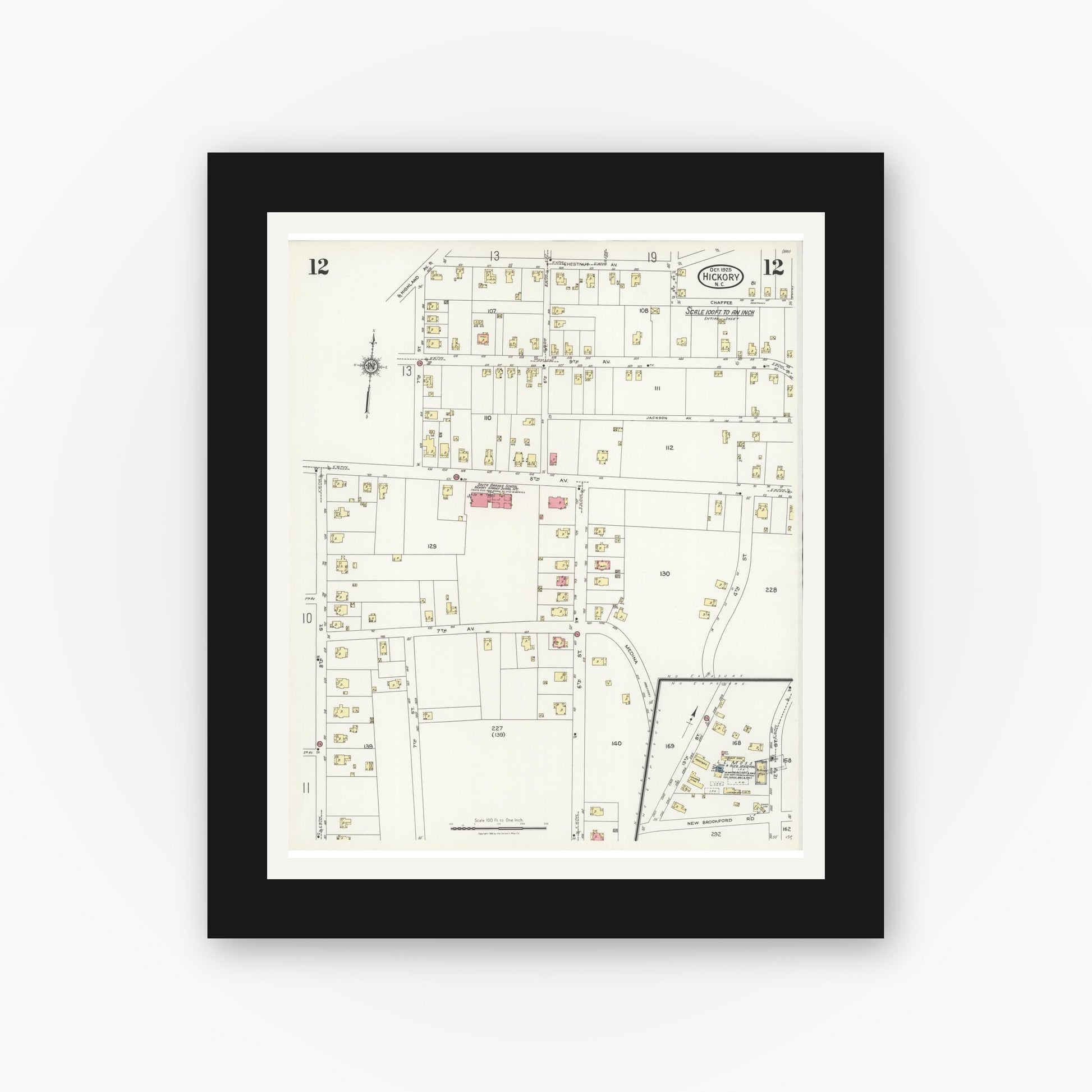 Old map wall art mockup — black gallery frame with white mat — Sanborn Fire Insurance Map from Hickory, Catawba County, North Carolina (1925), Sheet #0012