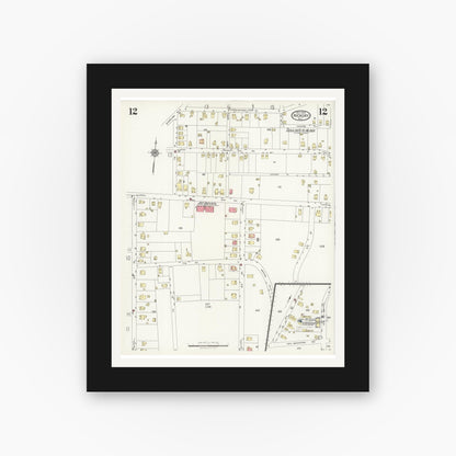Old map wall art mockup — black gallery frame with white mat — Sanborn Fire Insurance Map from Hickory, Catawba County, North Carolina (1925), Sheet #0012