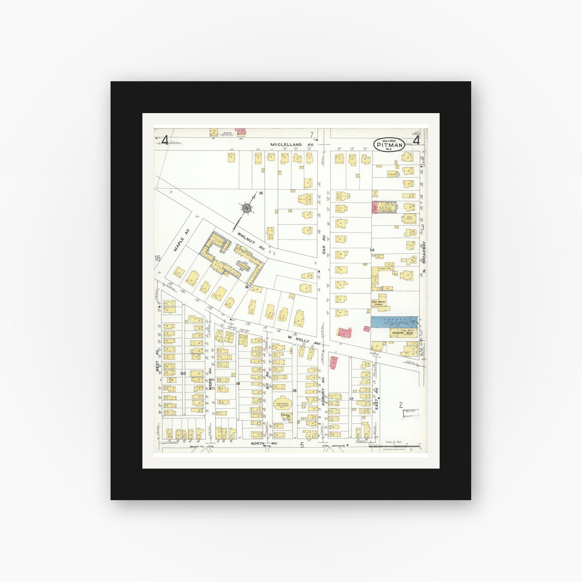 Old map wall art mockup — black gallery frame with white mat — Sanborn Fire Insurance Map from Pitman, Gloucester County, New Jersey (1923), Sheet #0004