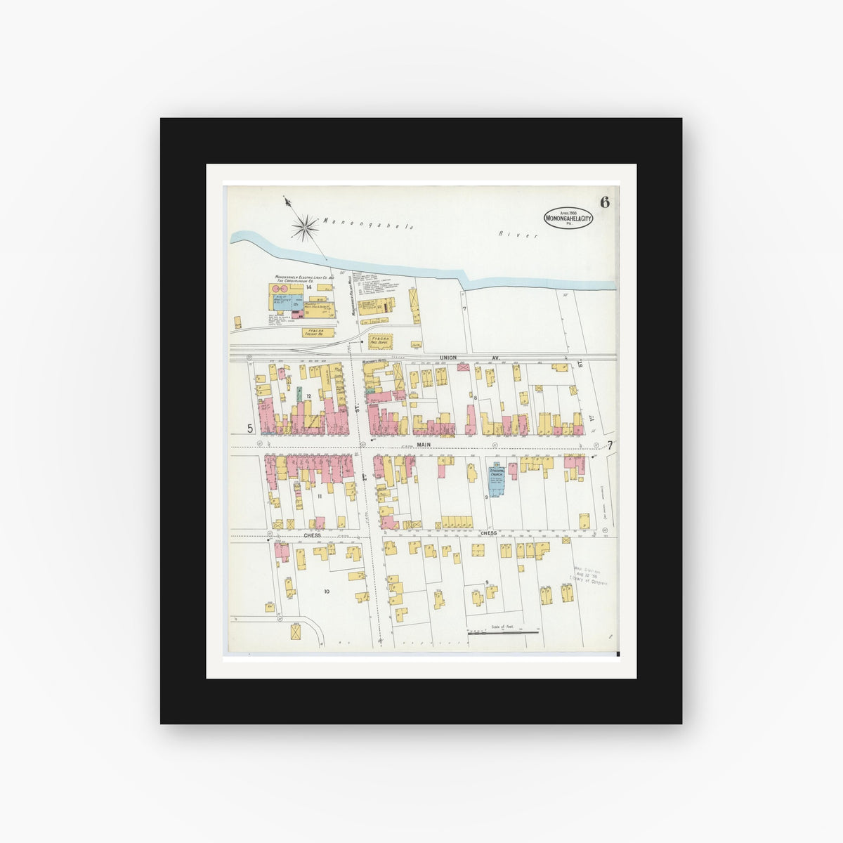 Old map wall art mockup — black gallery frame with white mat — Sanborn Fire Insurance Map from Monongahela City, Washington County, Pennsylvania (1900), Sheet #0006