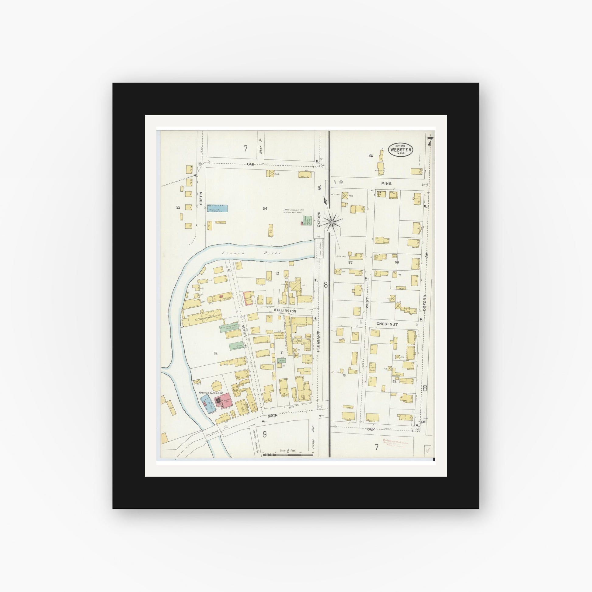 Old map wall art mockup — black gallery frame with white mat — Sanborn Fire Insurance Map from Webster, Worcester County, Massachusetts (1898), Sheet #0007