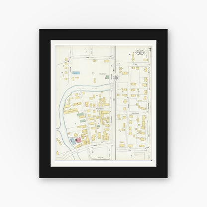 Old map wall art mockup — black gallery frame with white mat — Sanborn Fire Insurance Map from Webster, Worcester County, Massachusetts (1898), Sheet #0007