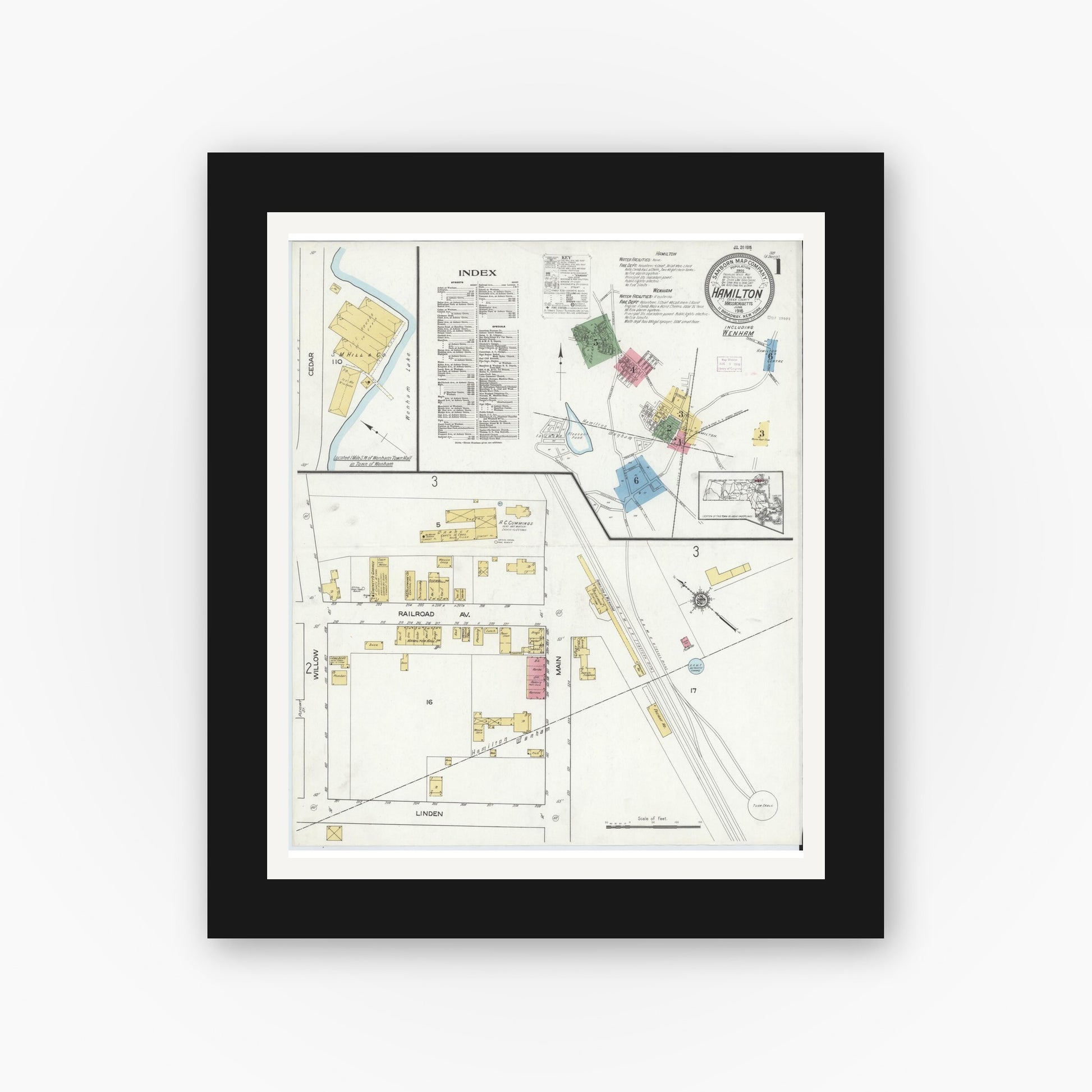 Old map wall art mockup — black gallery frame with white mat — Sanborn Fire Insurance Map from Hamilton, Essex County, Massachusetts (1916), Sheet #0001