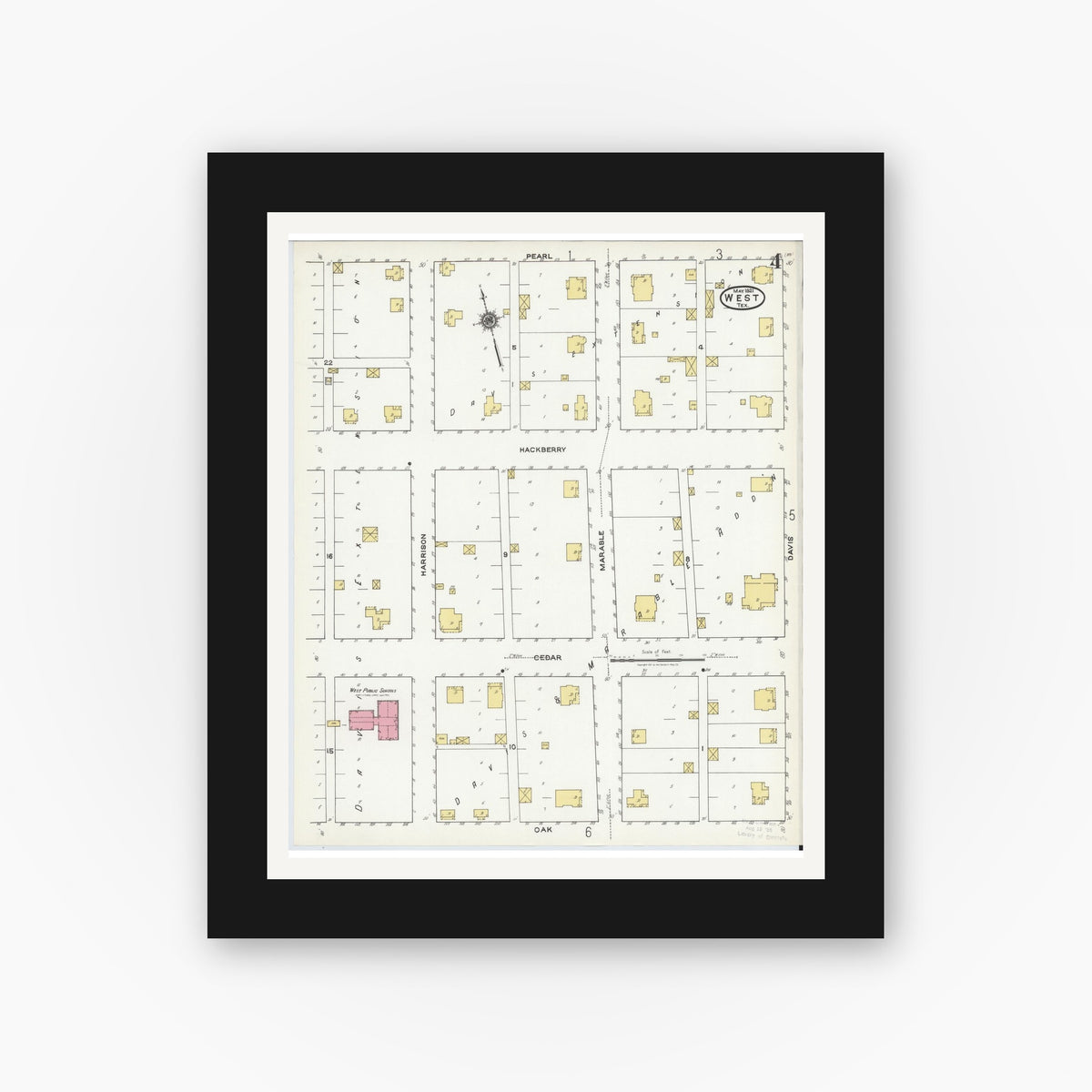 Old map wall art mockup — black gallery frame with white mat — Sanborn Fire Insurance Map from West, McLennan County, Texas (1921), Sheet #0004
