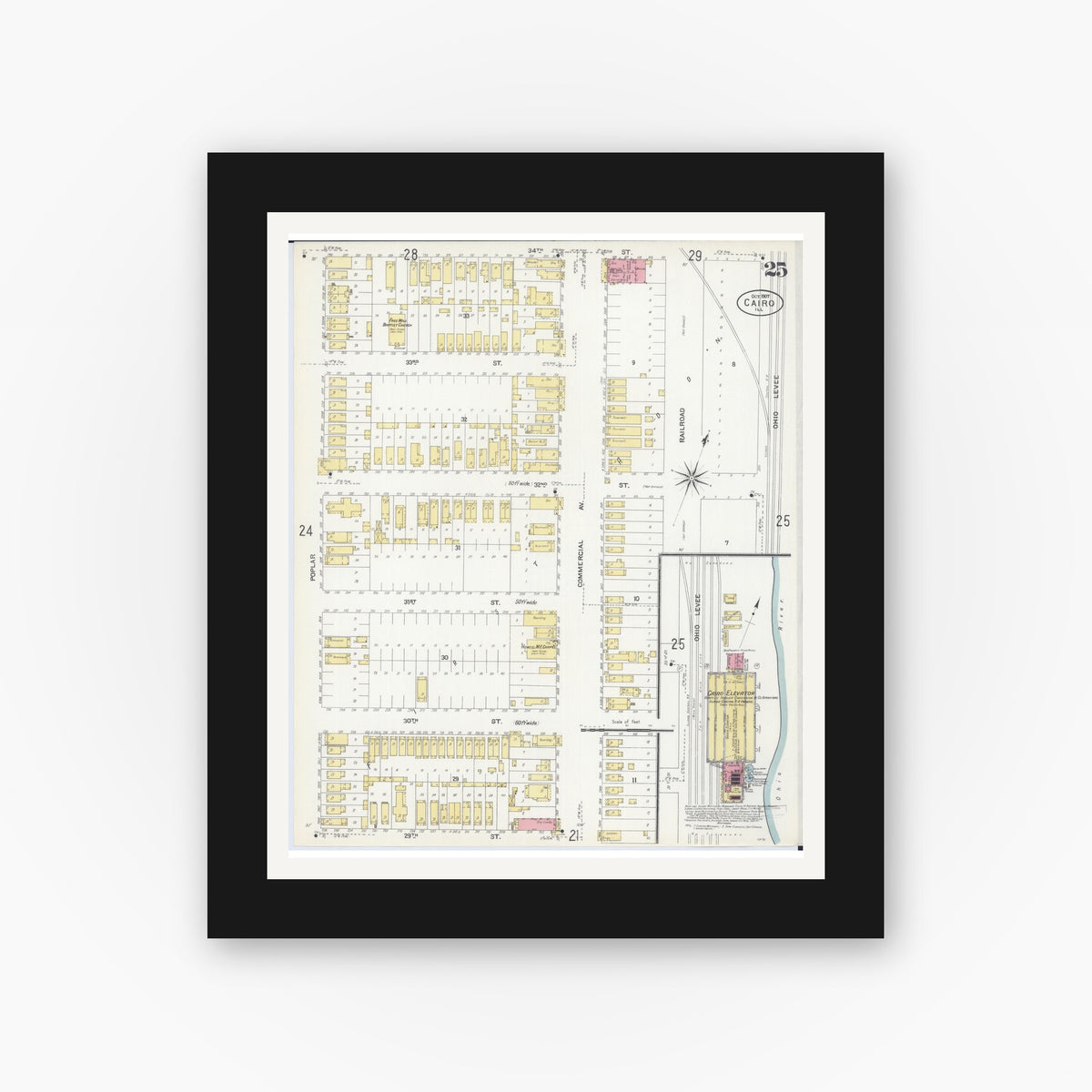 Old map wall art mockup — black gallery frame with white mat — Sanborn Fire Insurance Map from Cairo, Alexander County, Illinois (1907), Sheet #0025