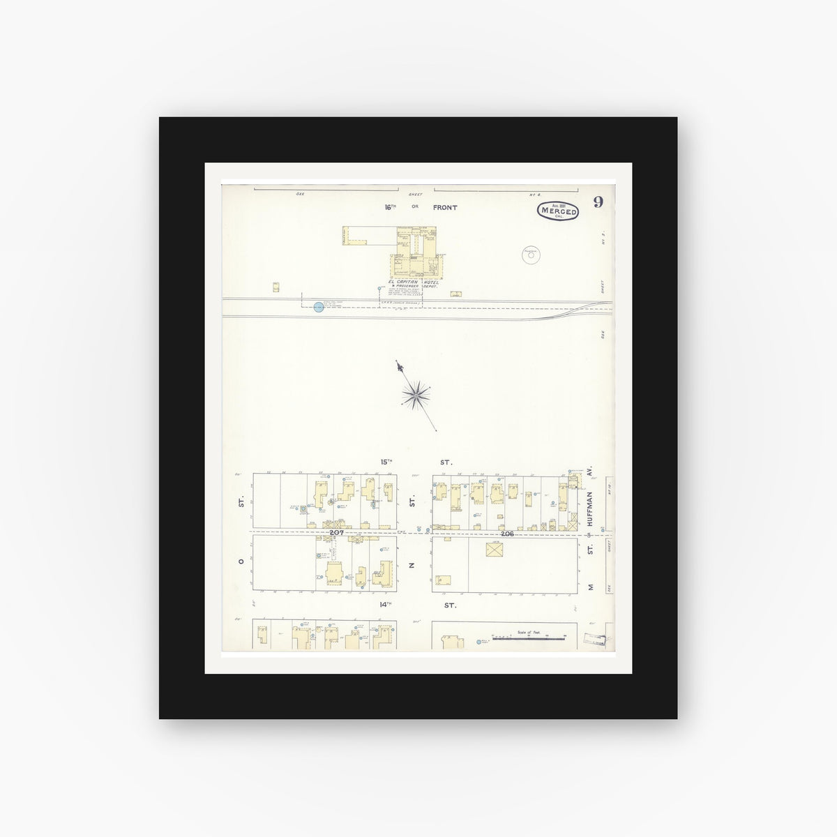 Old map wall art mockup — black gallery frame with white mat — Sanborn Fire Insurance Map from Merced, Merced County, California (1891), Sheet #0009