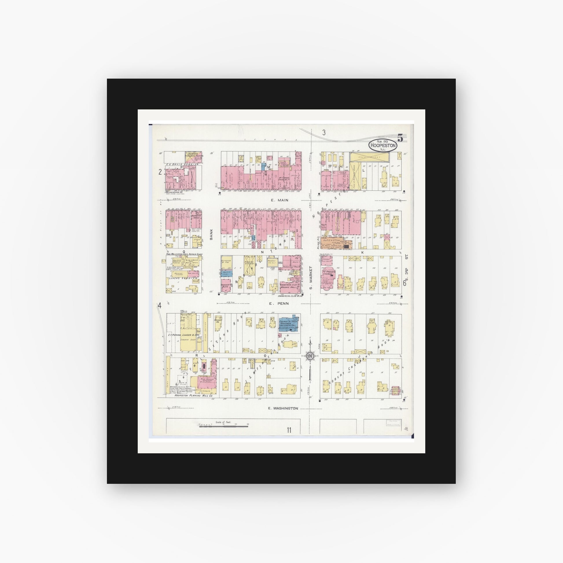 Old map wall art mockup — black gallery frame with white mat — Sanborn Fire Insurance Map from Hoopeston, Vermilion County, Illinois (1913), Sheet #0005
