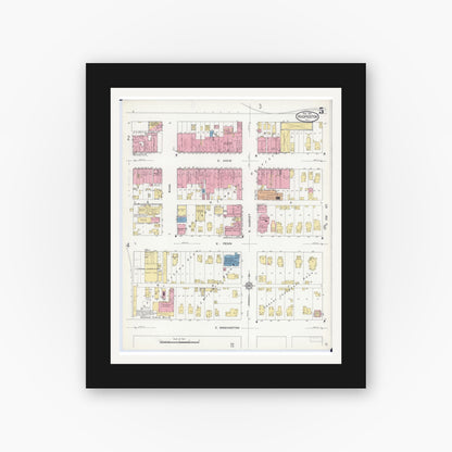 Old map wall art mockup — black gallery frame with white mat — Sanborn Fire Insurance Map from Hoopeston, Vermilion County, Illinois (1913), Sheet #0005