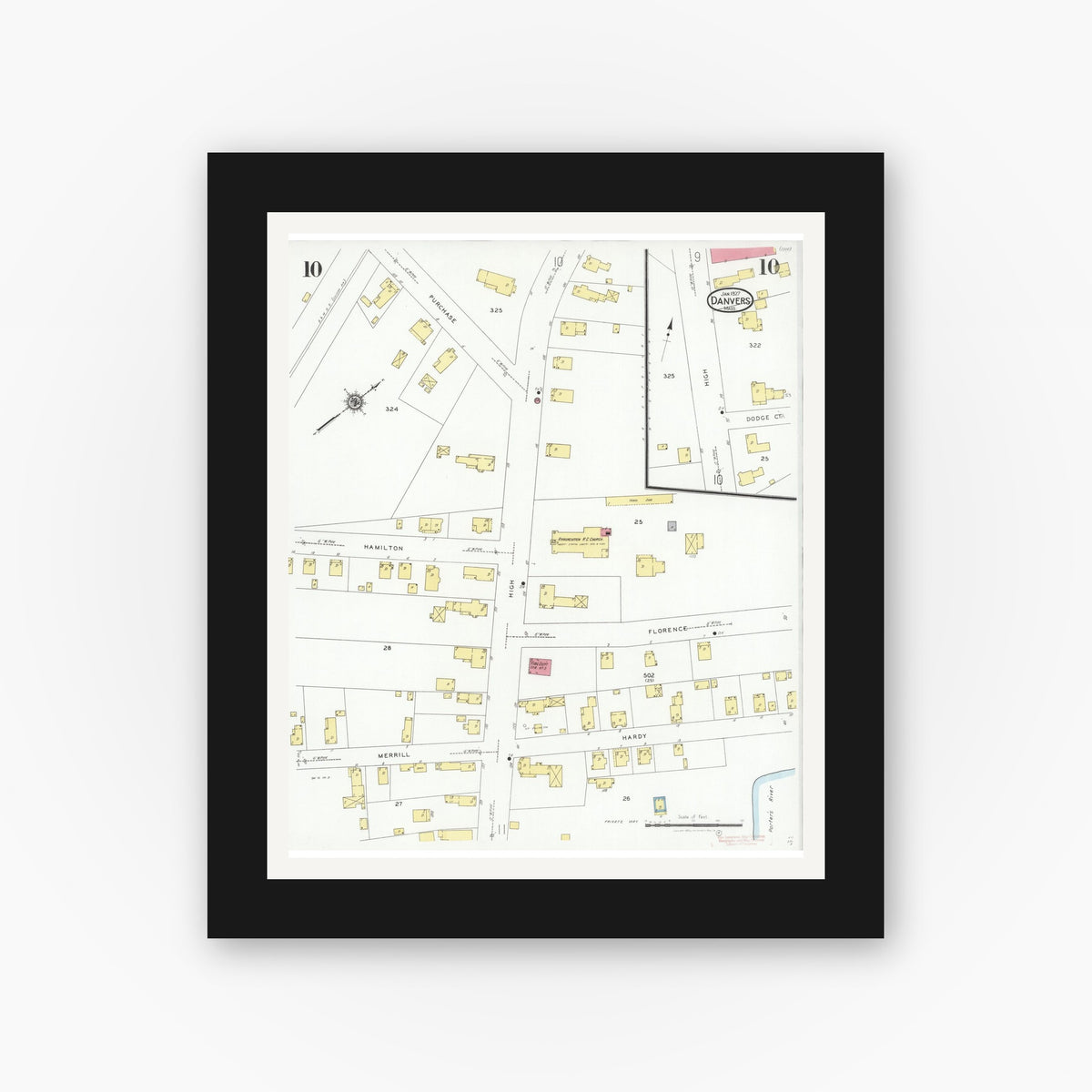 Old map wall art mockup — black gallery frame with white mat — Sanborn Fire Insurance Map from Danvers, Essex County, Massachusetts (1927), Sheet #0010