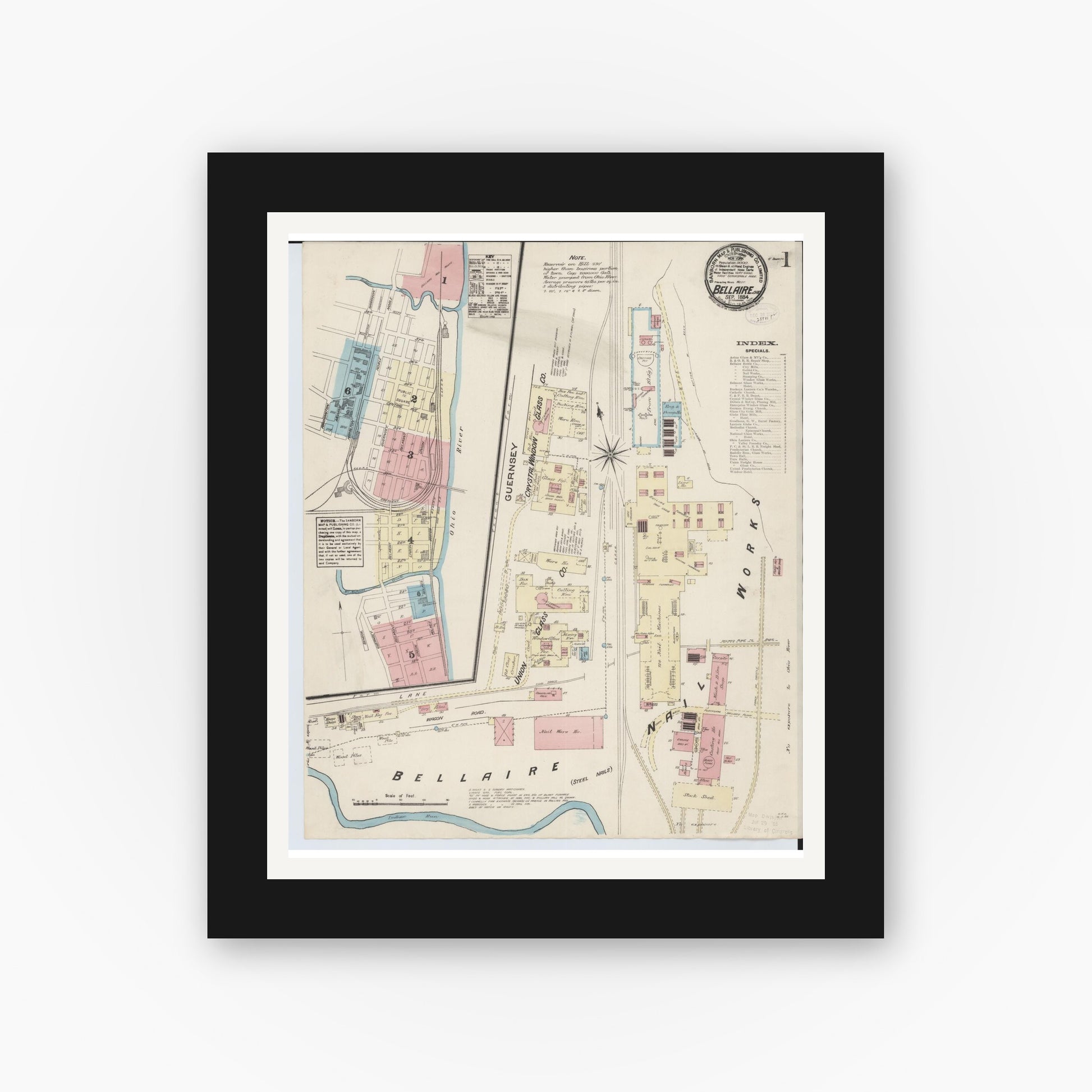 Old map wall art mockup — black gallery frame with white mat — Sanborn Fire Insurance Map from Bellaire, Belmont County, Ohio (1884) - Complete Map Set