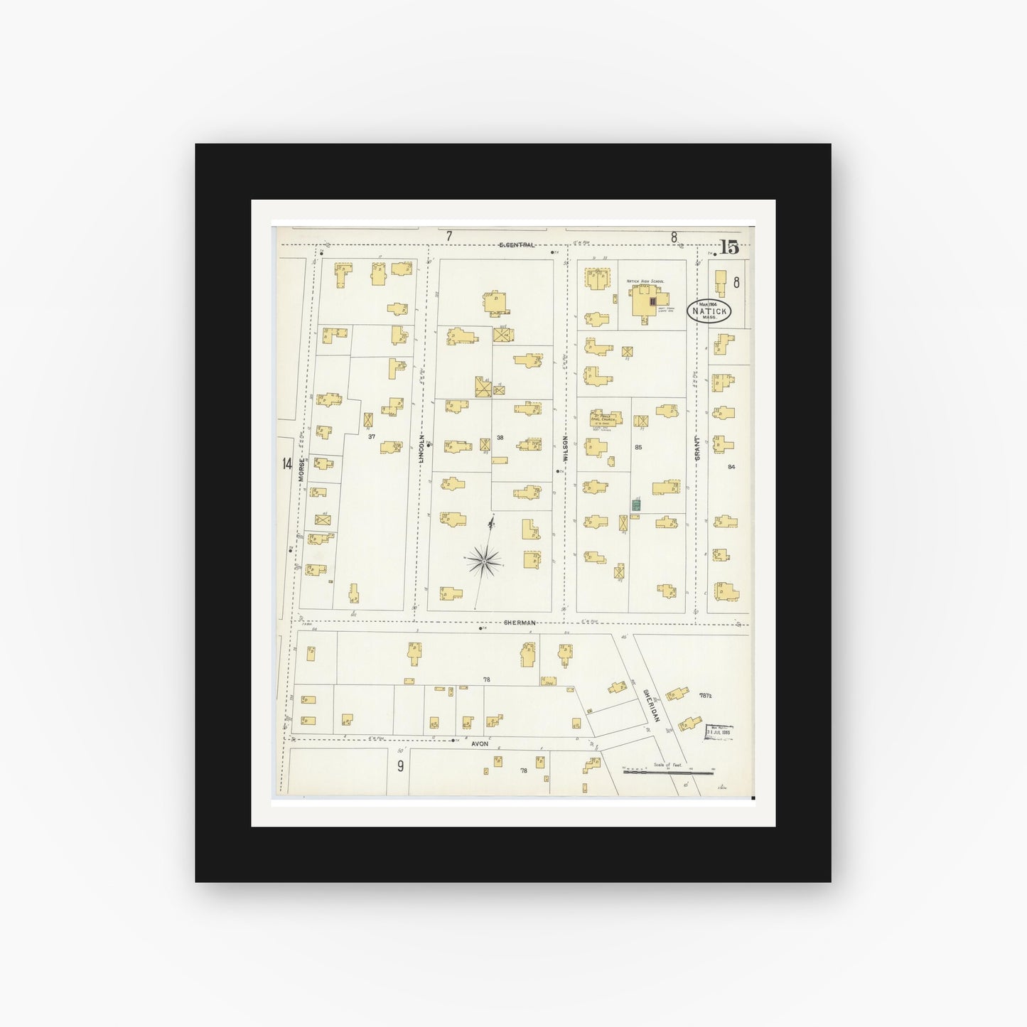 Old map wall art mockup — black gallery frame with white mat — Sanborn Fire Insurance Map from Natick, Middlesex County, Massachusetts (1904), Sheet #0015