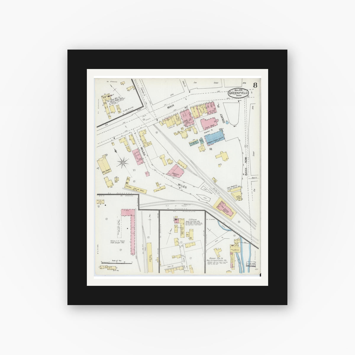 Old map wall art mockup — black gallery frame with white mat — Sanborn Fire Insurance Map from Greenfield, Franklin County, Massachusetts (1892), Sheet #0008