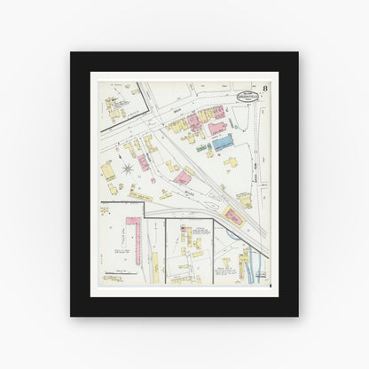 Old map wall art mockup — black gallery frame with white mat — Sanborn Fire Insurance Map from Greenfield, Franklin County, Massachusetts (1892), Sheet #0008