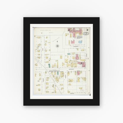 Old map wall art mockup — black gallery frame with white mat — Sanborn Fire Insurance Map from Alma, Gratiot County, Michigan (1896), Sheet #0002