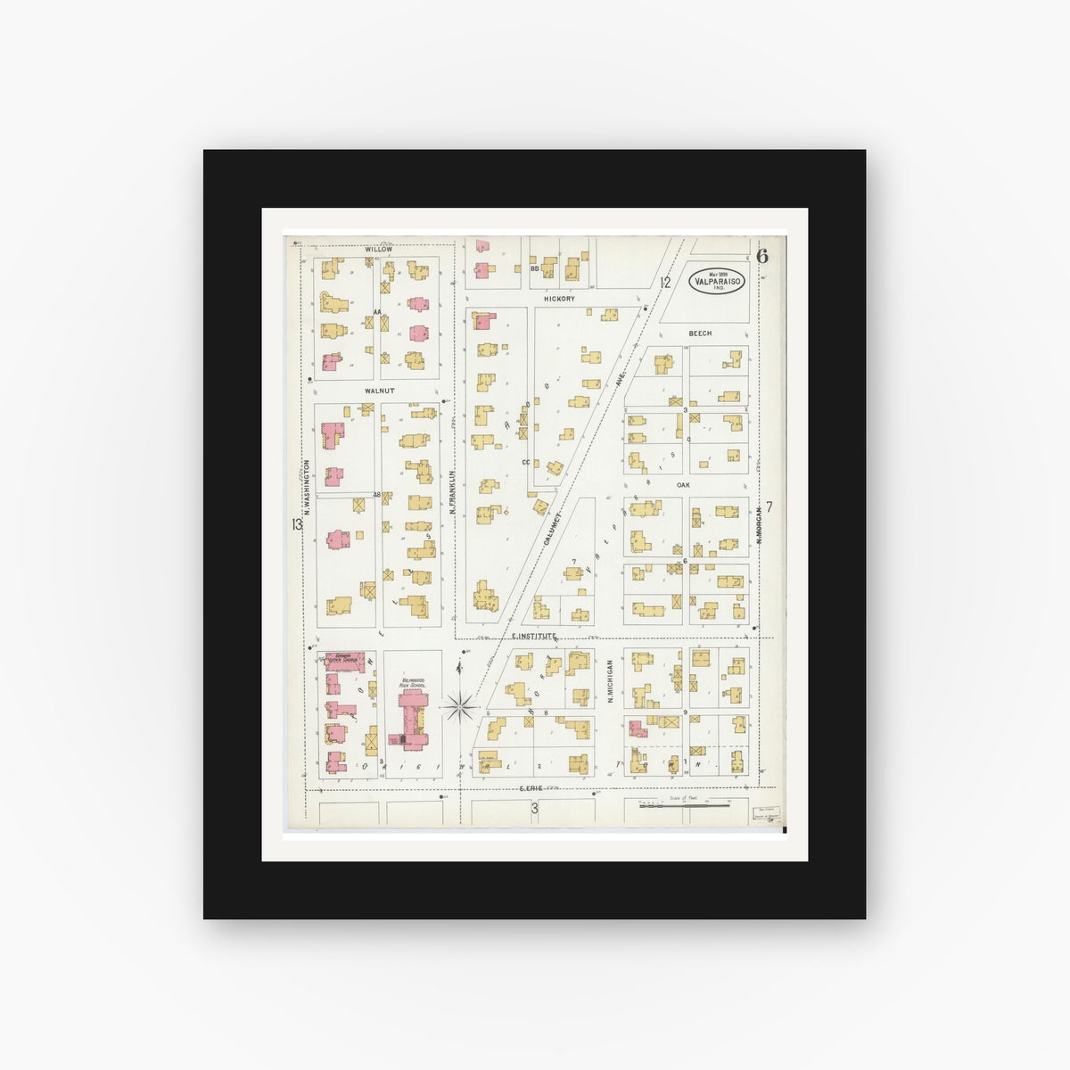Old map wall art mockup — black gallery frame with white mat — Sanborn Fire Insurance Map from Valparaiso, Porter County, Indiana (1899), Sheet #0006