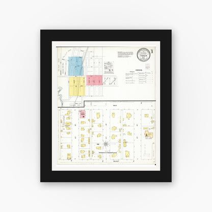 Old map wall art mockup — black gallery frame with white mat — Sanborn Fire Insurance Map from Traer, Tama County, Iowa (1902), Sheet #0001