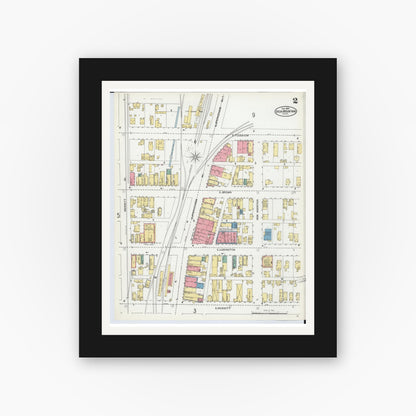 Old map wall art mockup — black gallery frame with white mat — Sanborn Fire Insurance Map from Iron Mountain, Dickinson County, Michigan (1904), Sheet #0002