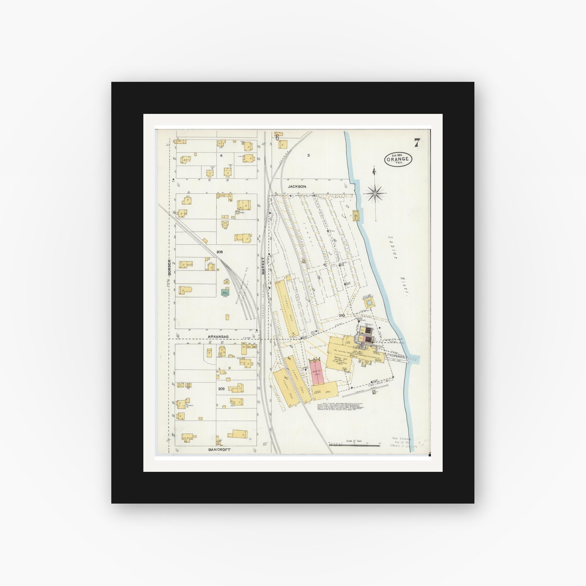 Old map wall art mockup — black gallery frame with white mat — Sanborn Fire Insurance Map from Orange, Orange County, Texas (1904), Sheet #0007