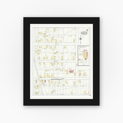 Old map wall art mockup — black gallery frame with white mat — Sanborn Fire Insurance Map from Whiteland, Johnson County, Indiana (1916), Sheet #0003