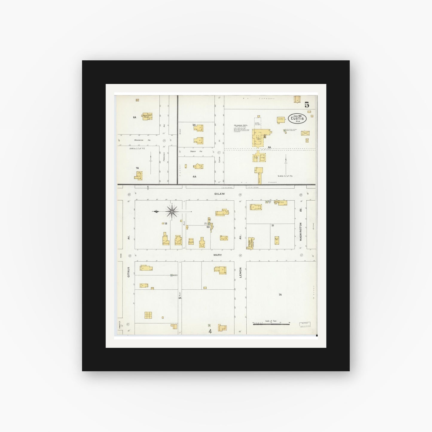 Old map wall art mockup — black gallery frame with white mat — Sanborn Fire Insurance Map from Eustis, Lake County, Florida (1906), Sheet #0005