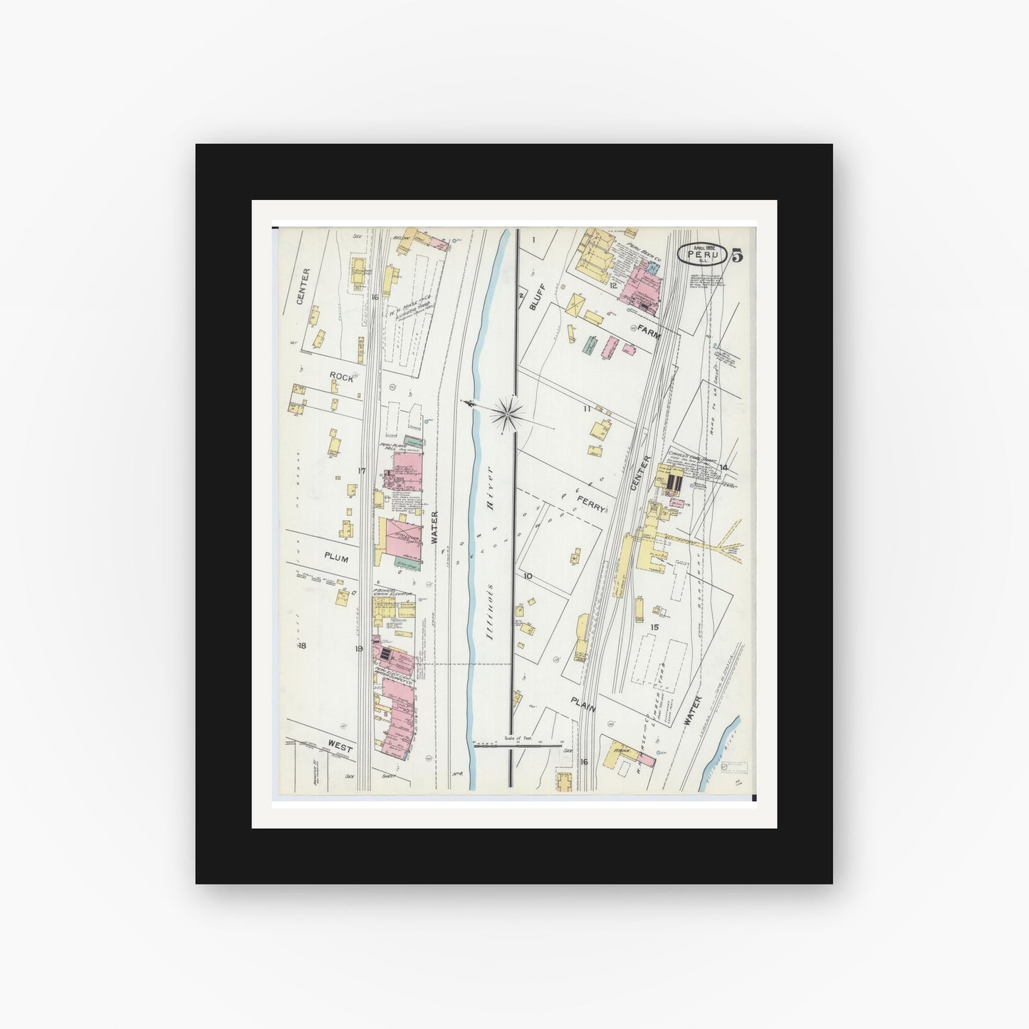 Old map wall art mockup — black gallery frame with white mat — Sanborn Fire Insurance Map from Peru, La Salle County, Illinois (1892), Sheet #0005