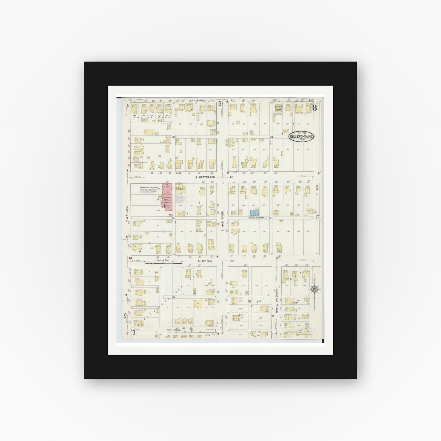 Old map wall art mockup — black gallery frame with white mat — Sanborn Fire Insurance Map from Bellefontaine, Logan County, Ohio (1914), Sheet #0008