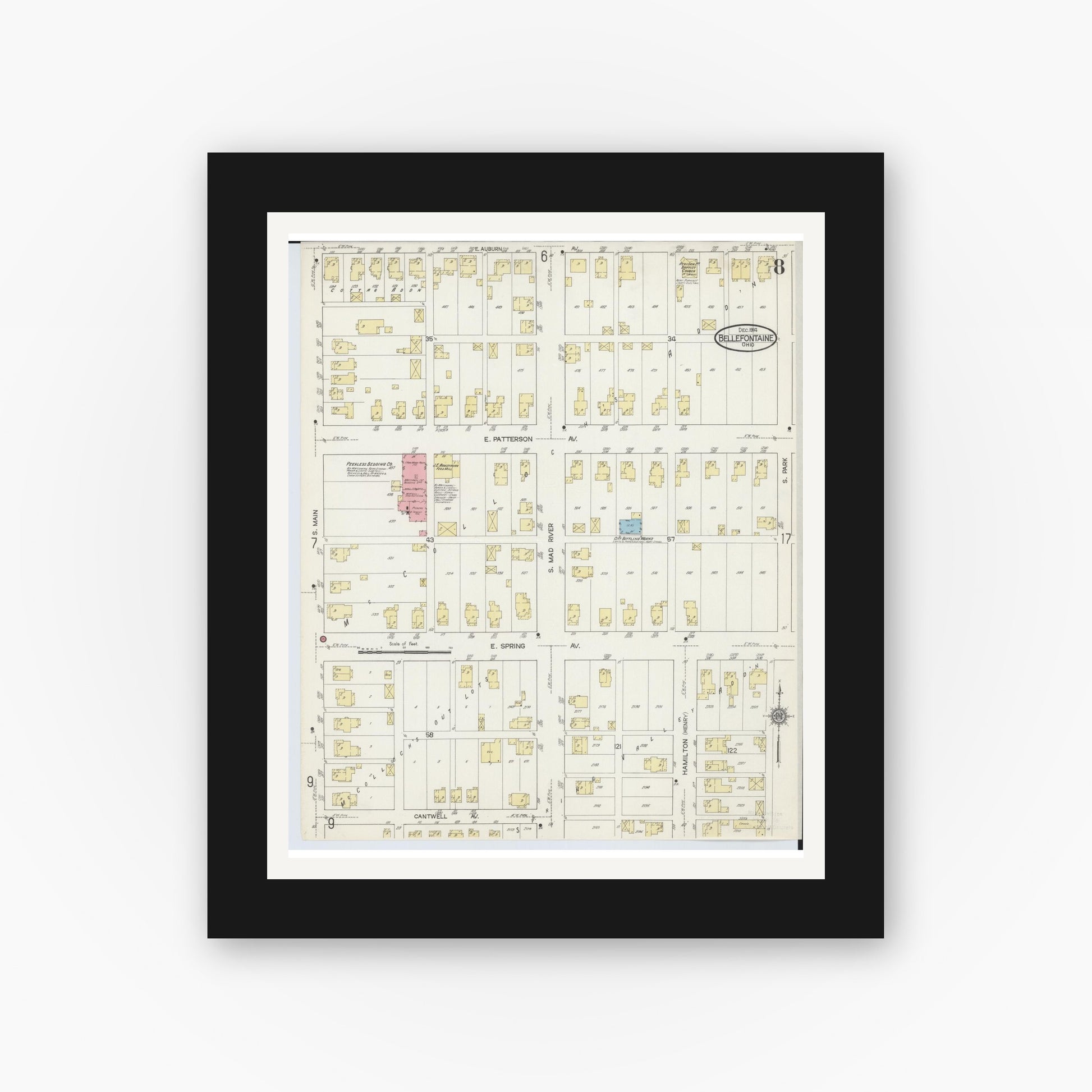 Old map wall art mockup — black gallery frame with white mat — Sanborn Fire Insurance Map from Bellefontaine, Logan County, Ohio (1914), Sheet #0008