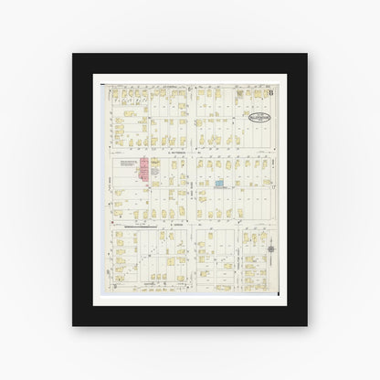 Old map wall art mockup — black gallery frame with white mat — Sanborn Fire Insurance Map from Bellefontaine, Logan County, Ohio (1914), Sheet #0008