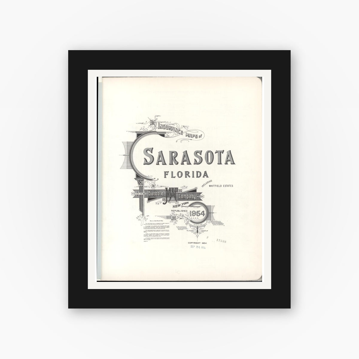 Old map wall art mockup — black gallery frame with white mat — Sanborn Fire Insurance Map from Sarasota, Sarasota County, Florida (1954), Sheet #0001