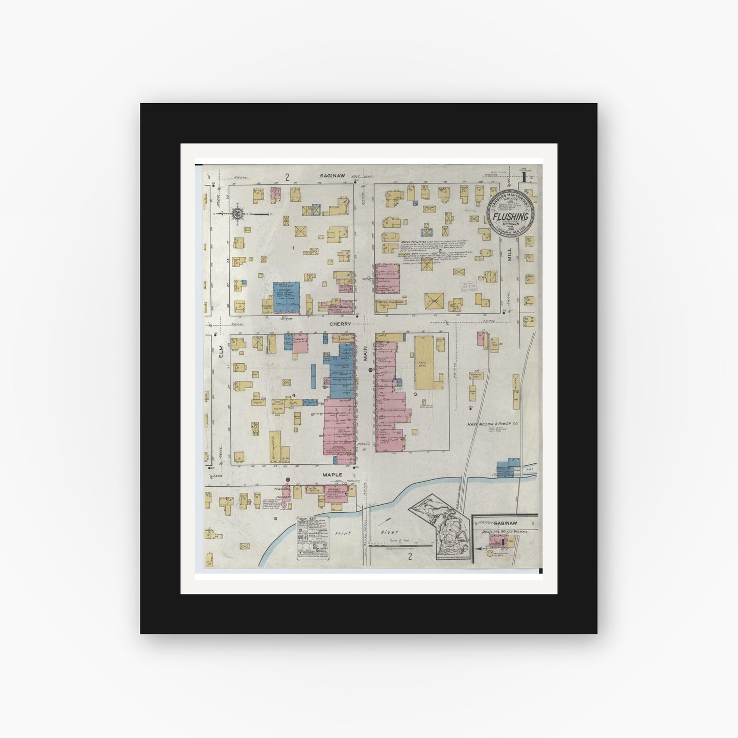 Old map wall art mockup — black gallery frame with white mat — Sanborn Fire Insurance Map from Flushing, Genesee County, Michigan (1920), Sheet #0001