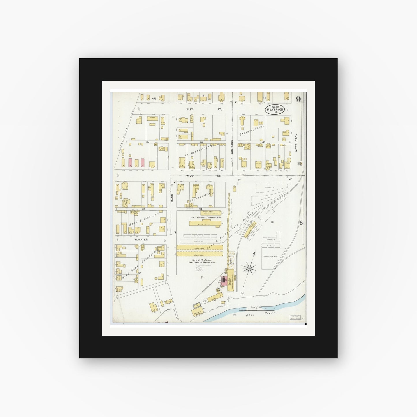 Old map wall art mockup — black gallery frame with white mat — Sanborn Fire Insurance Map from Mount Vernon, Posey County, Indiana (1899), Sheet #0009
