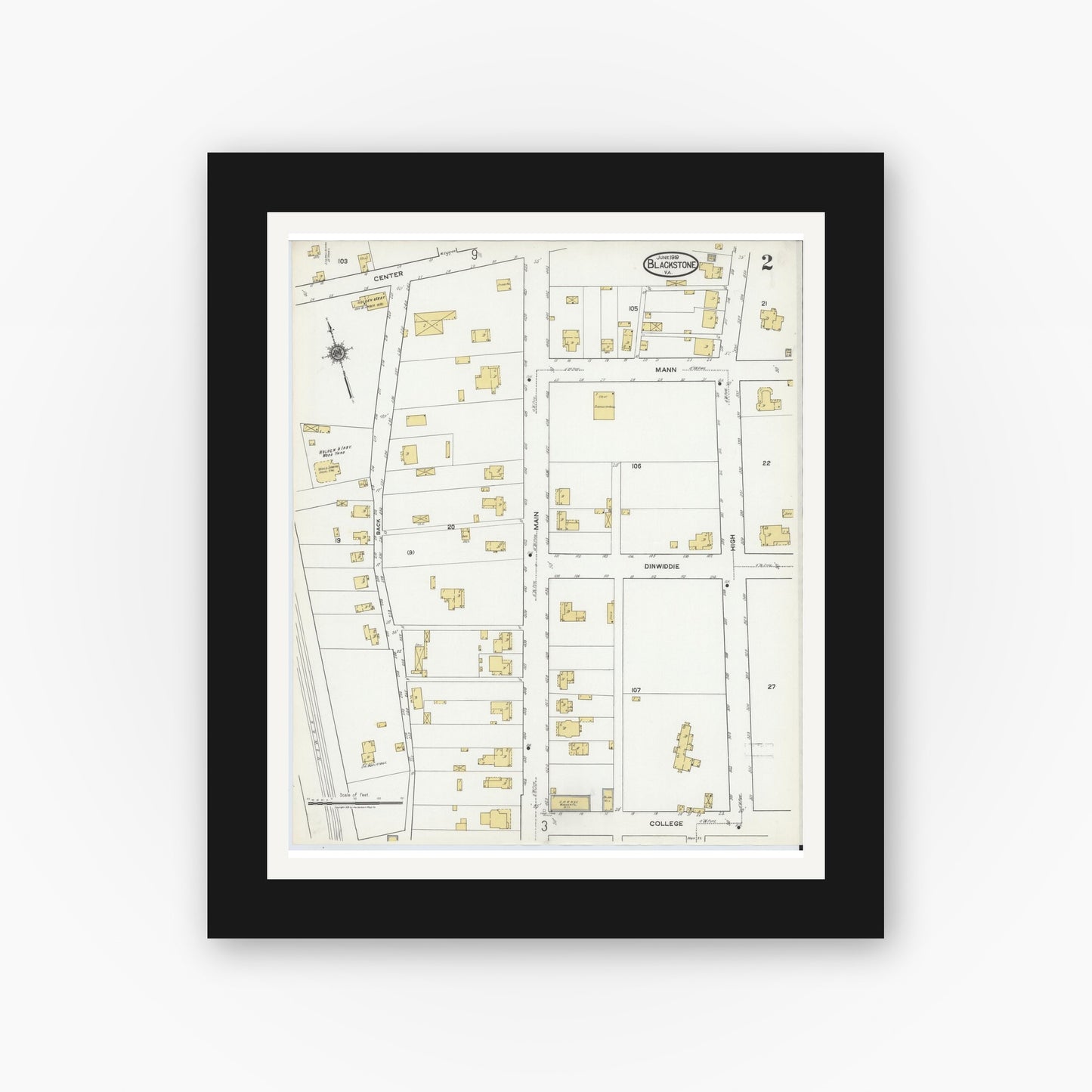 Old map wall art mockup — black gallery frame with white mat — Sanborn Fire Insurance Map from Blackstone, Nottoway County, Virginia (1919), Sheet #0002