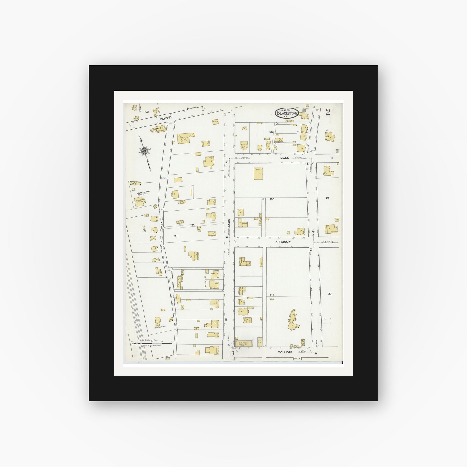 Old map wall art mockup — black gallery frame with white mat — Sanborn Fire Insurance Map from Blackstone, Nottoway County, Virginia (1919), Sheet #0002