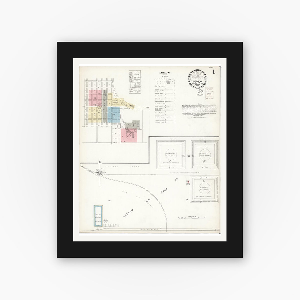 Old map wall art mockup — black gallery frame with white mat — Sanborn Fire Insurance Map from Oxnard, Ventura County, California (1900) - Complete Map Set