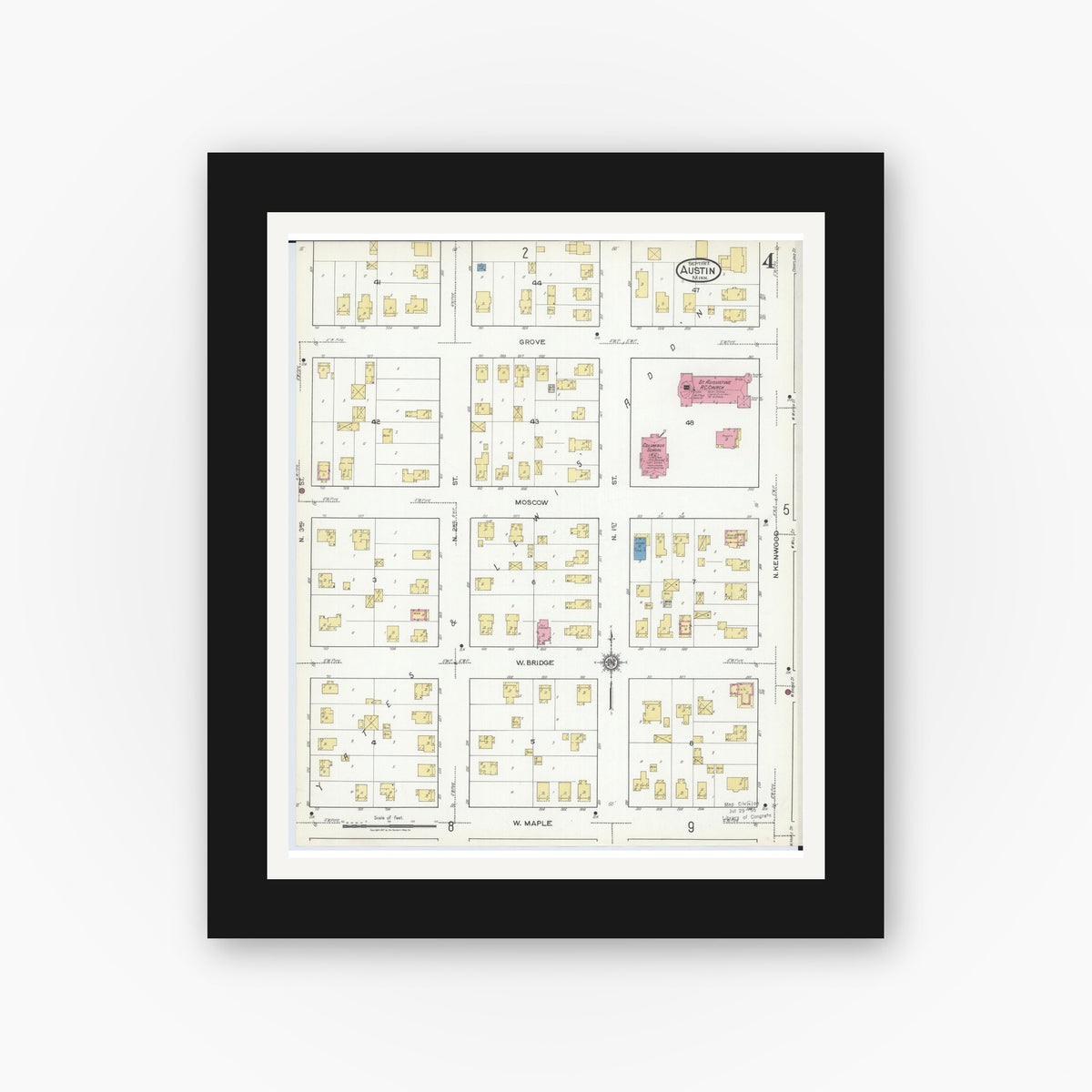 Old map wall art mockup — black gallery frame with white mat — Sanborn Fire Insurance Map from Austin, Mower County, Minnesota (1917), Sheet #0004