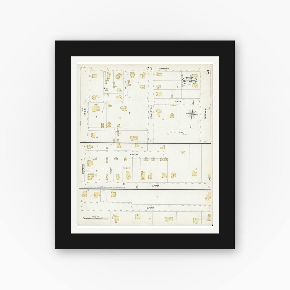 Old map wall art mockup — black gallery frame with white mat — Sanborn Fire Insurance Map from Whitesboro, Grayson County, Texas (1907), Sheet #0005