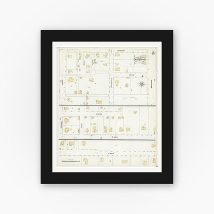 Old map wall art mockup — black gallery frame with white mat — Sanborn Fire Insurance Map from Whitesboro, Grayson County, Texas (1907), Sheet #0005