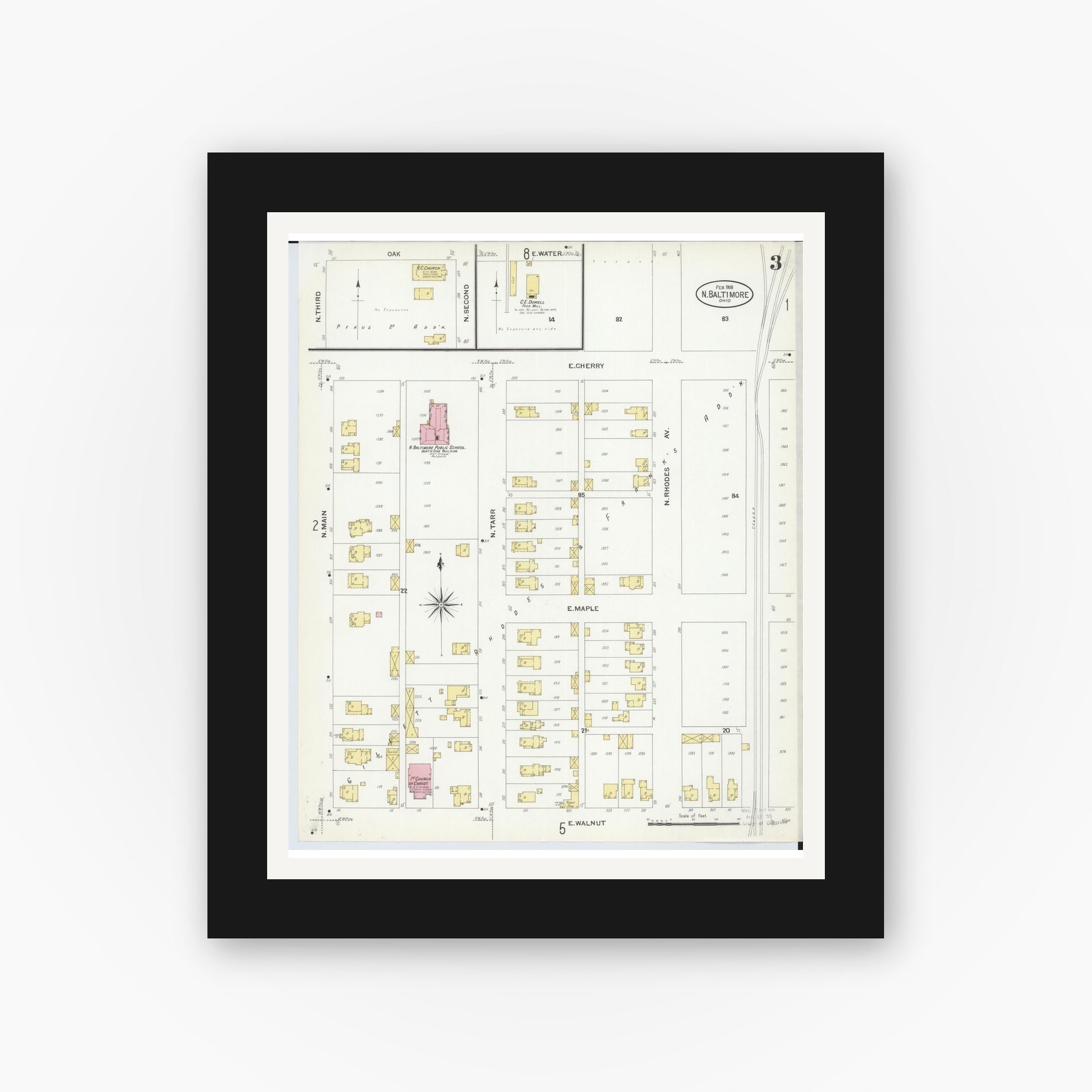 Old map wall art mockup — black gallery frame with white mat — Sanborn Fire Insurance Map from North Baltimore, Wood County, Ohio (1908), Sheet #0003