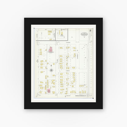 Old map wall art mockup — black gallery frame with white mat — Sanborn Fire Insurance Map from North Baltimore, Wood County, Ohio (1908), Sheet #0003