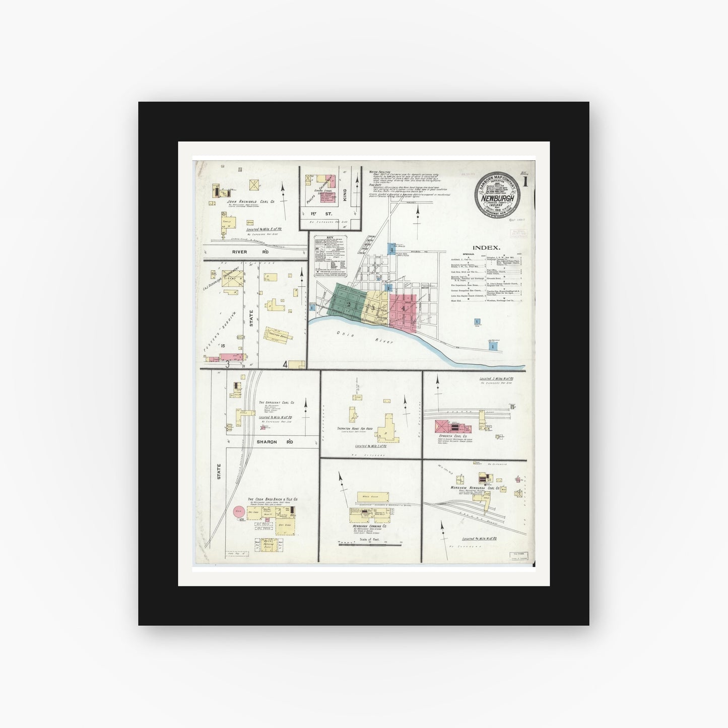 Old map wall art mockup — black gallery frame with white mat — Sanborn Fire Insurance Map from Newburgh, Warrick County, Indiana (1910) - Complete Map Set