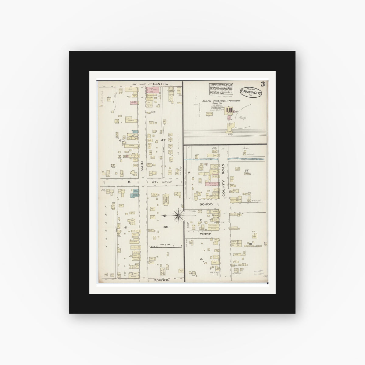 Old map wall art mockup — black gallery frame with white mat — Sanborn Fire Insurance Map from Braidwood, Will County, Illinois (1885), Sheet #0003