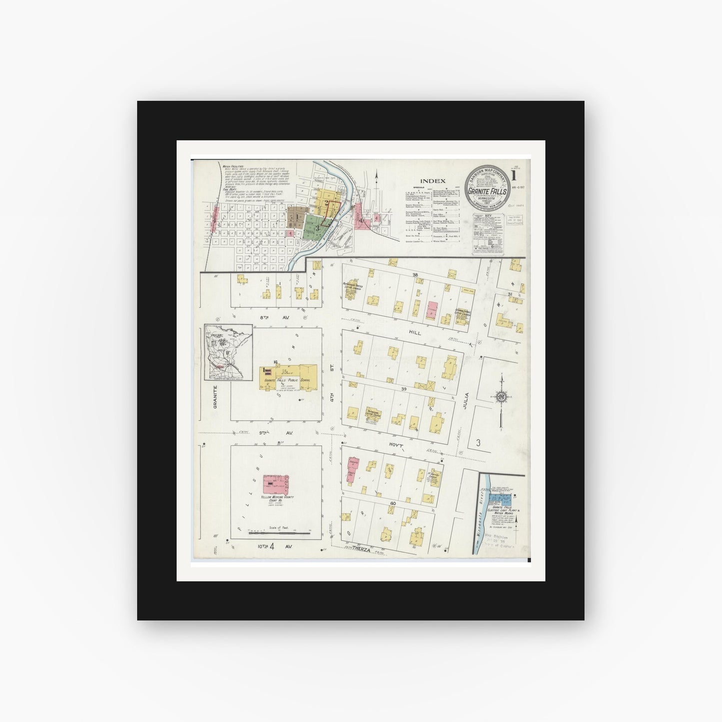 Old map wall art mockup — black gallery frame with white mat — Sanborn Fire Insurance Map from Granite Falls, Yellow Medicine And Chippewa Counties, Minnesota (1917), Sheet #0001
