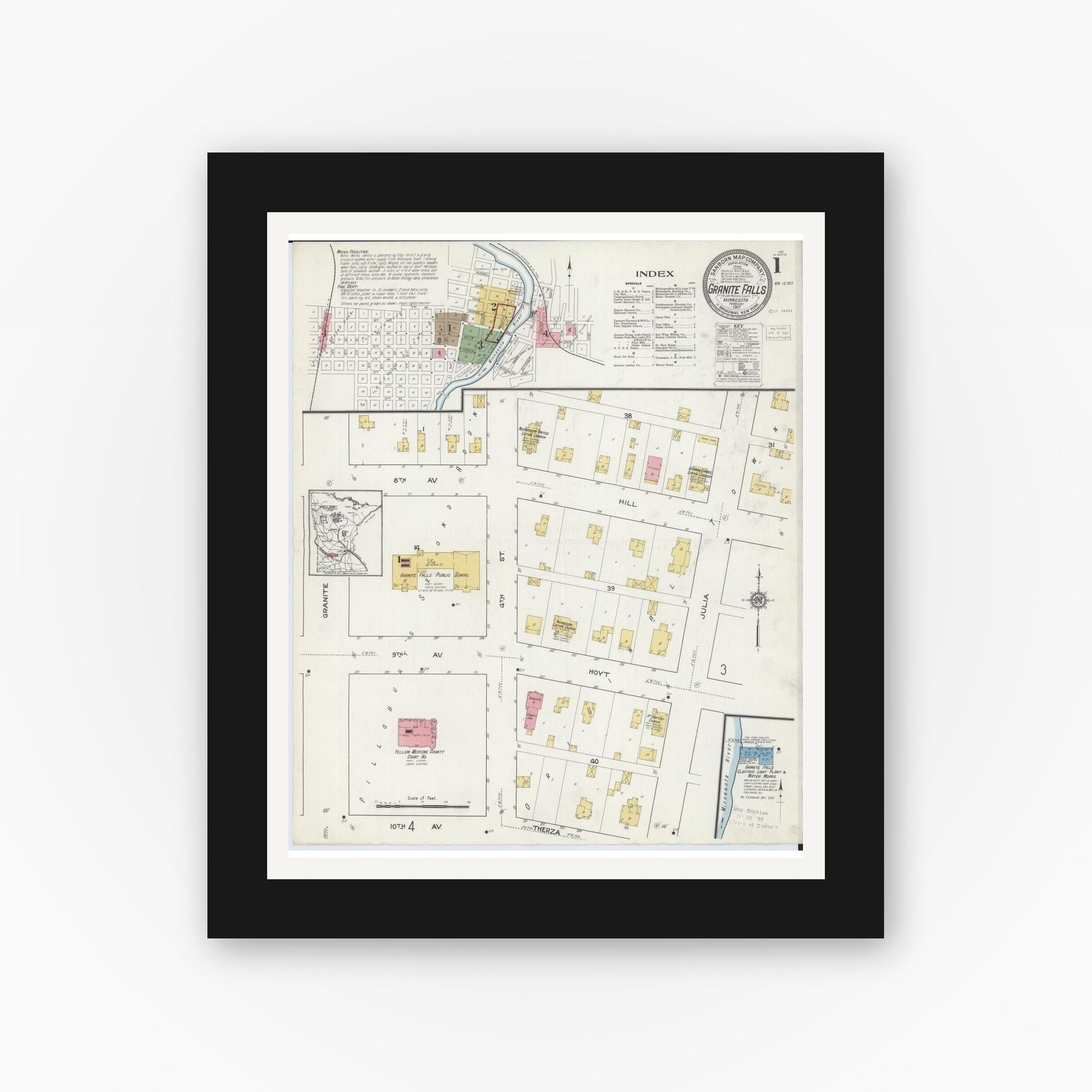 Old map wall art mockup — black gallery frame with white mat — Sanborn Fire Insurance Map from Granite Falls, Yellow Medicine And Chippewa Counties, Minnesota (1917), Sheet #0001
