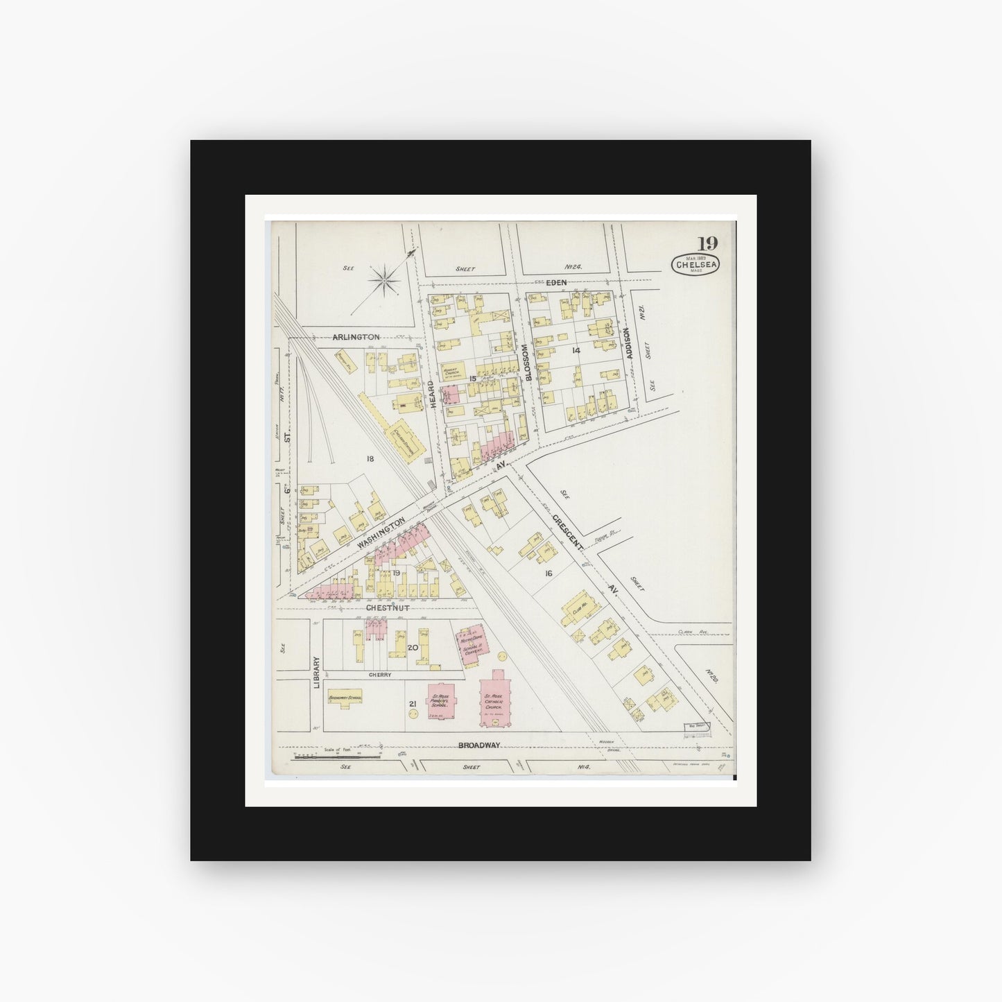 Old map wall art mockup — black gallery frame with white mat — Sanborn Fire Insurance Map from Chelsea, Suffolk County, Massachusetts (1889), Sheet #0019