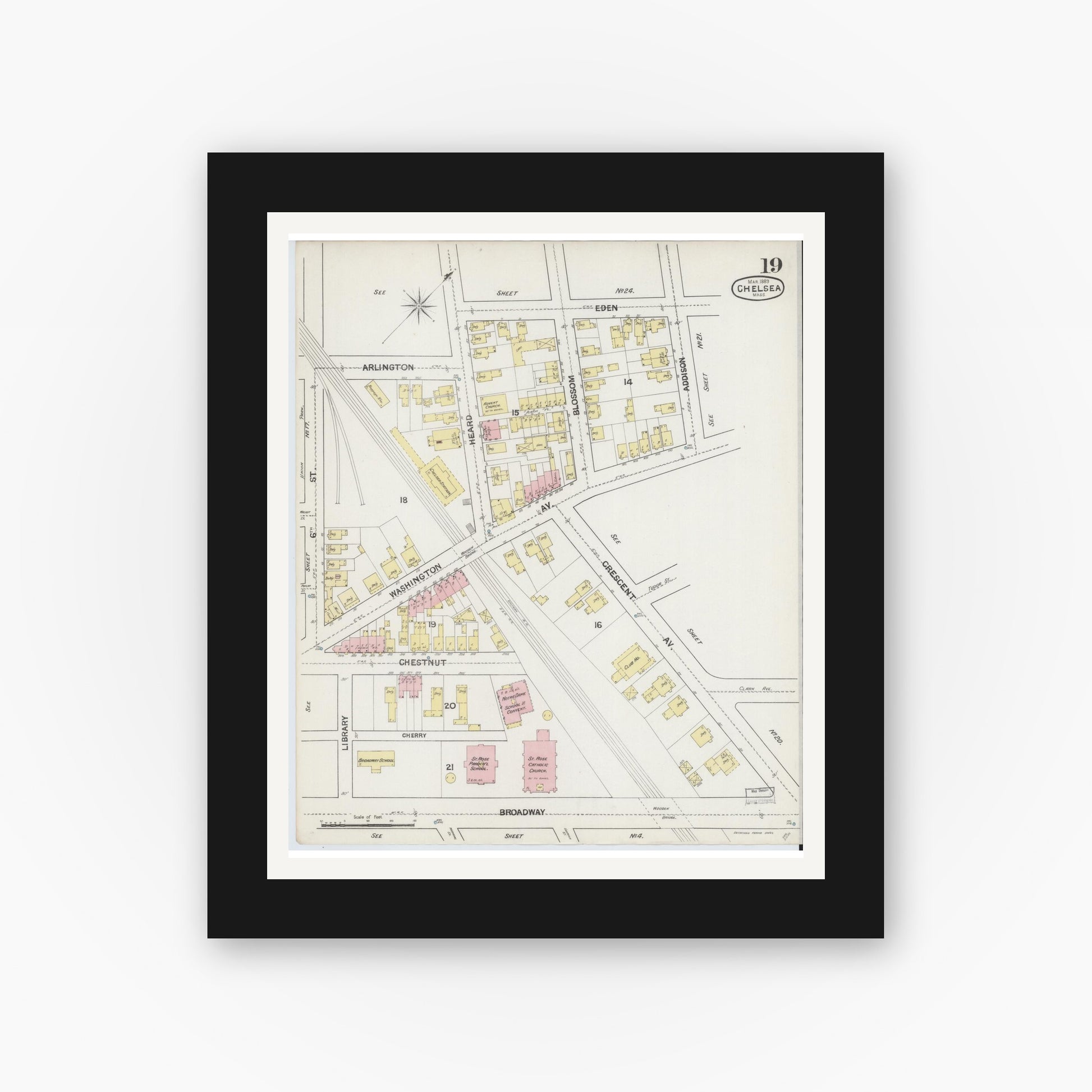 Old map wall art mockup — black gallery frame with white mat — Sanborn Fire Insurance Map from Chelsea, Suffolk County, Massachusetts (1889), Sheet #0019