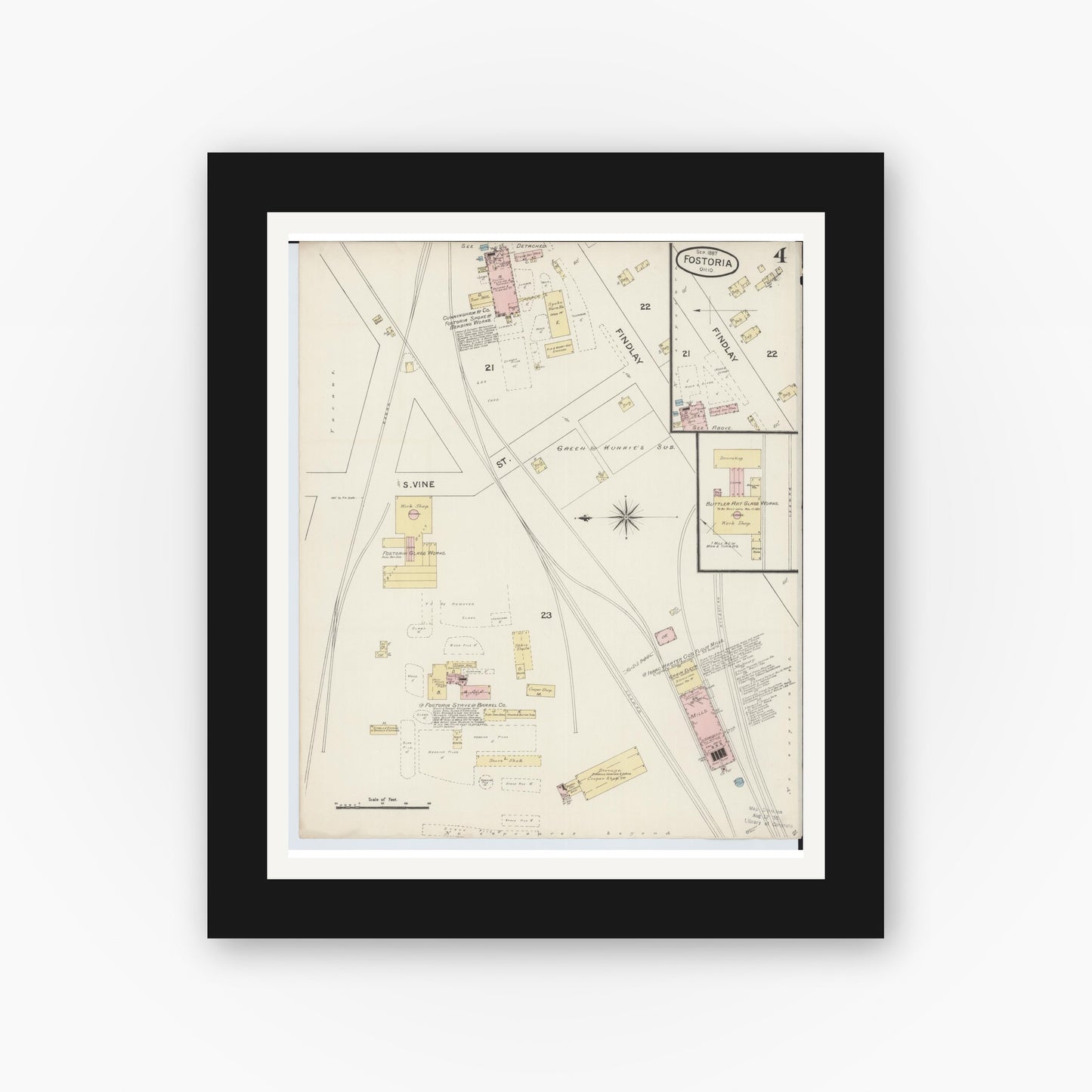 Old map wall art mockup — black gallery frame with white mat — Sanborn Fire Insurance Map from Fostoria, Seneca, Hancock, And Wood Counties, Ohio (1887), Sheet #0004