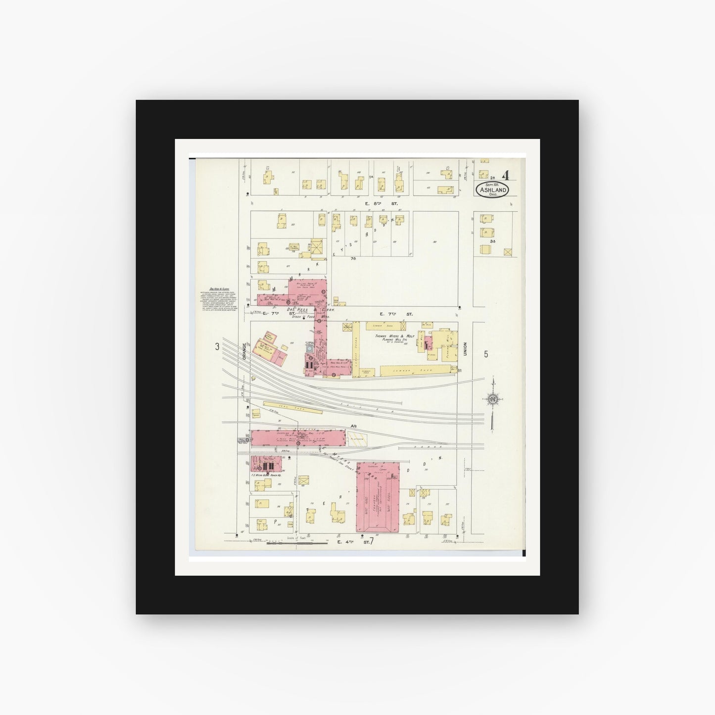 Old map wall art mockup — black gallery frame with white mat — Sanborn Fire Insurance Map from Ashland, Ashland County, Ohio (1911), Sheet #0004