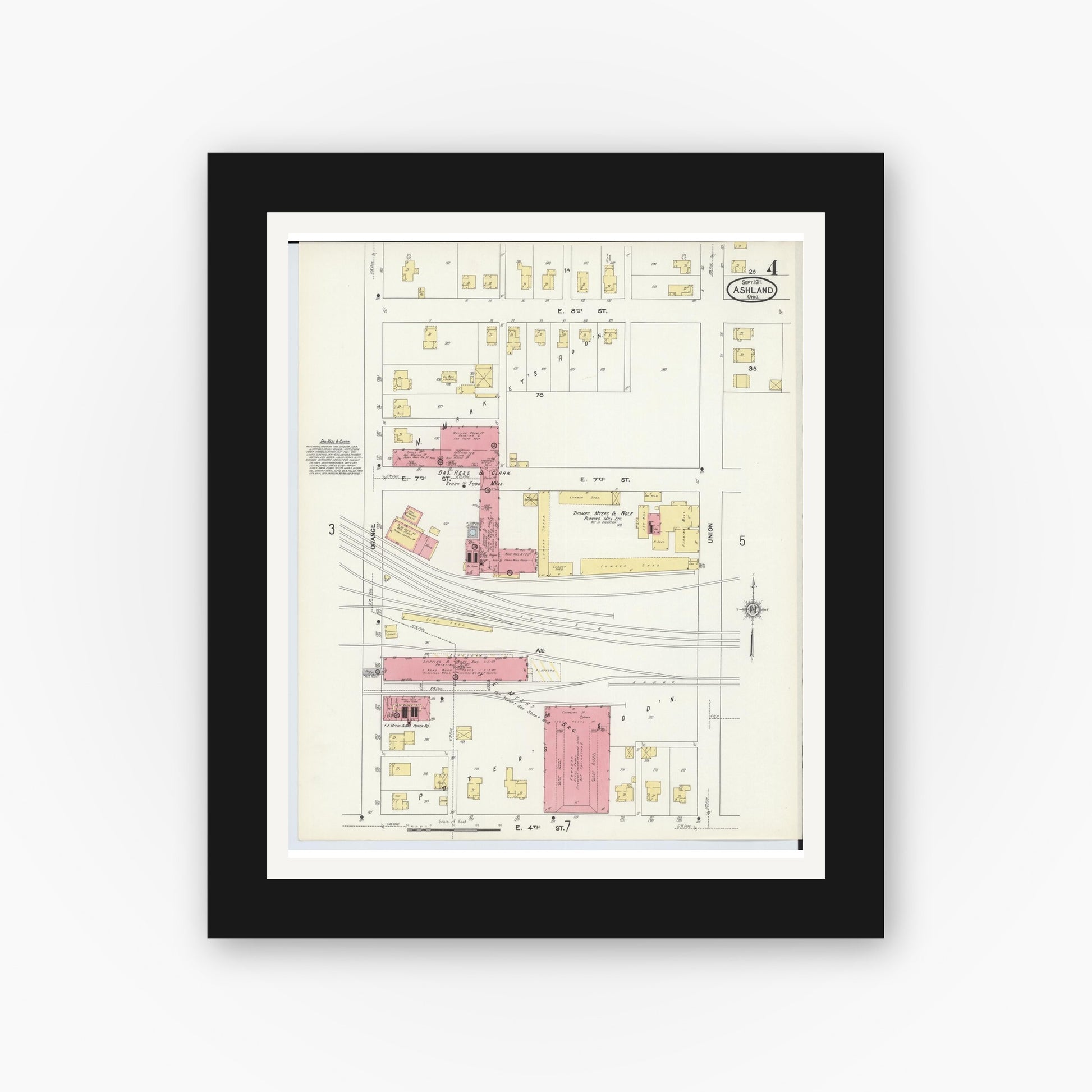 Old map wall art mockup — black gallery frame with white mat — Sanborn Fire Insurance Map from Ashland, Ashland County, Ohio (1911), Sheet #0004