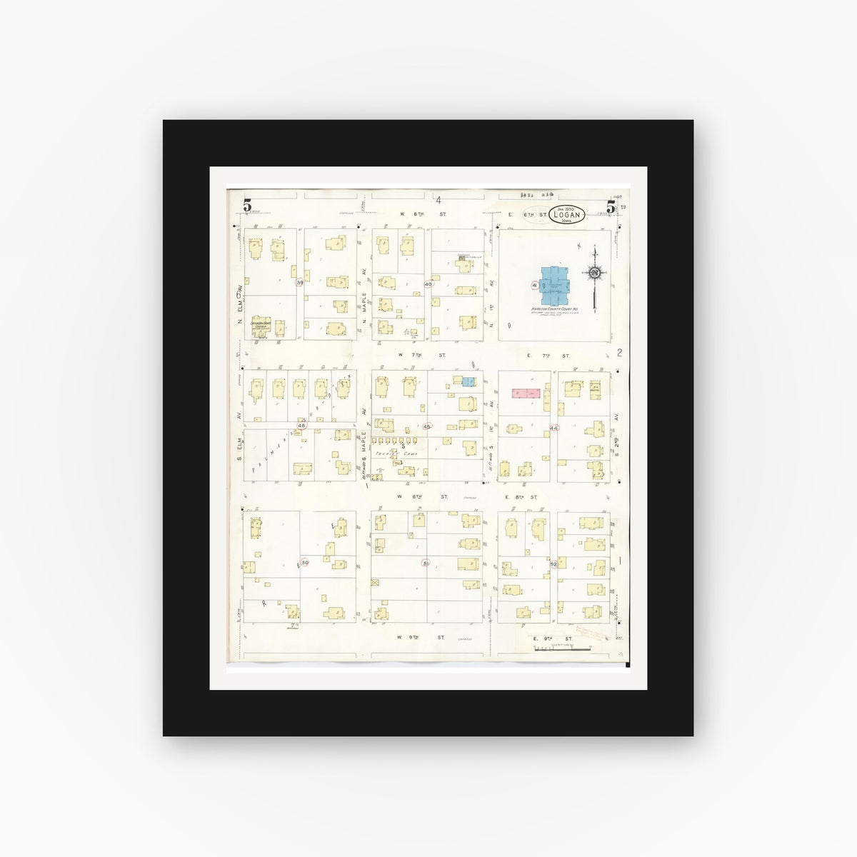 Old map wall art mockup — black gallery frame with white mat — Sanborn Fire Insurance Map from Logan, Harrison County, Iowa (1934), Sheet #0005