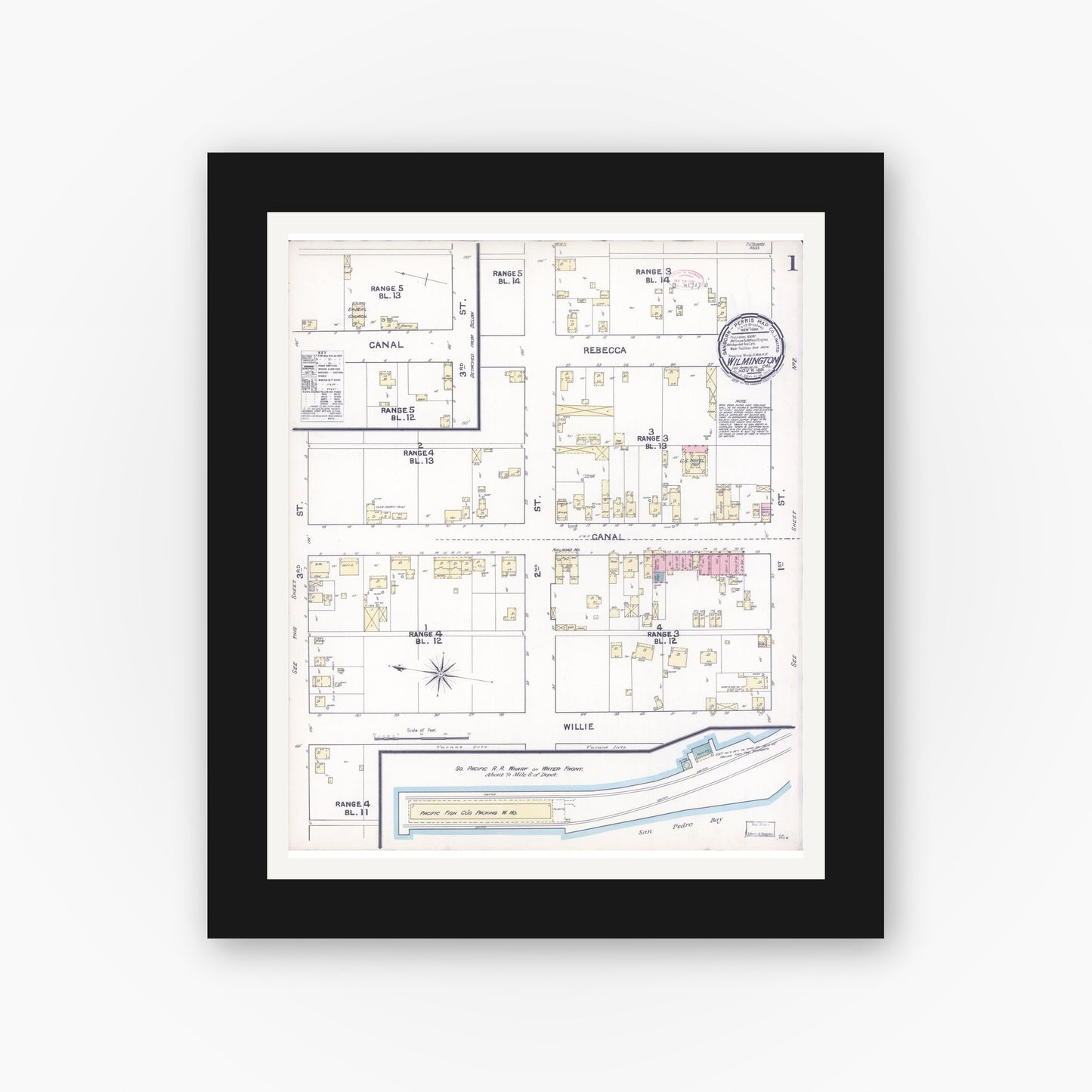 Old map wall art mockup — black gallery frame with white mat — Sanborn Fire Insurance Map from Wilmington, Los Angeles County, California (1891) - Complete Map Set